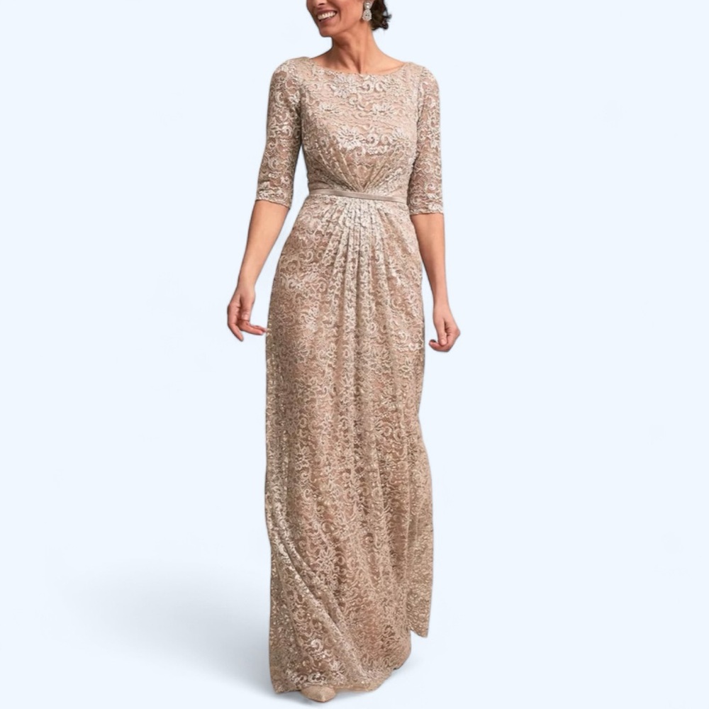 Terani Couture x BHLDN Grant 8 / Med Allover Lace Silver Belted Maxi Gown Formal